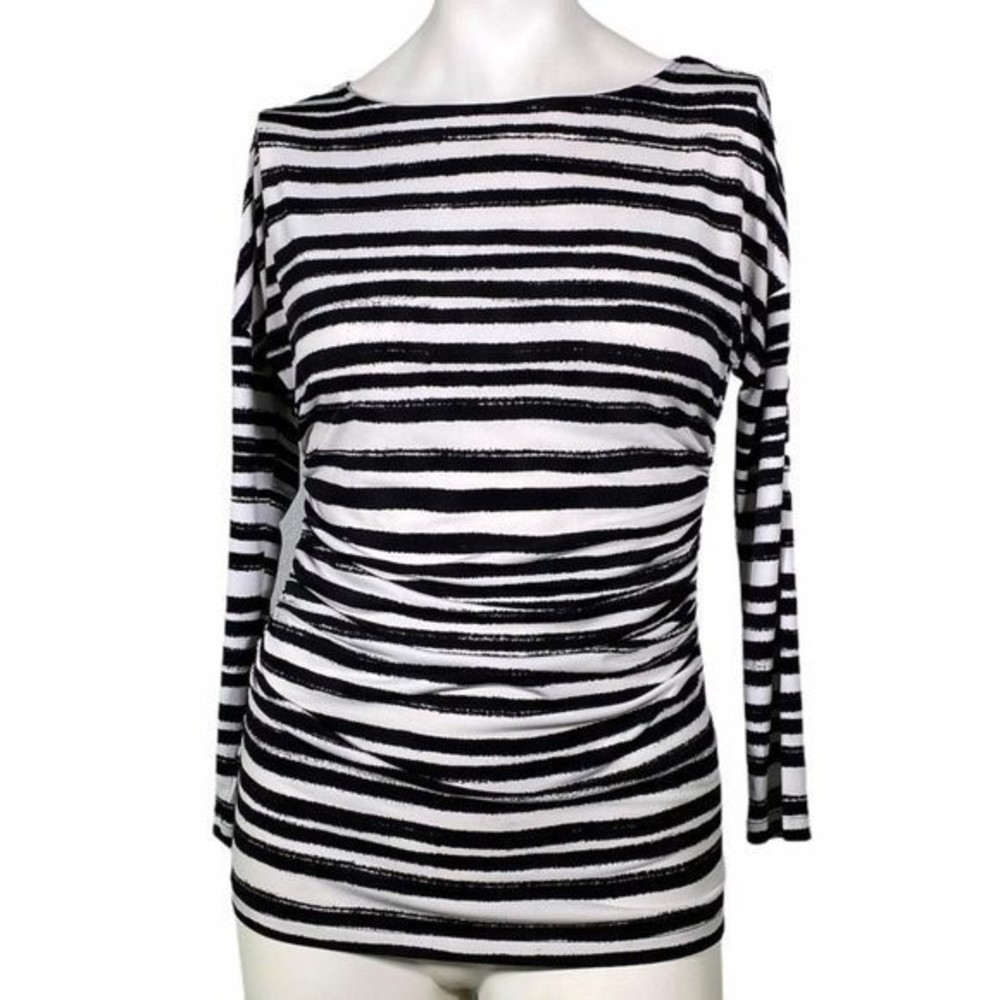 Vince Camuto Black White Stripes Long Sleeve Round Neck Blouse Small